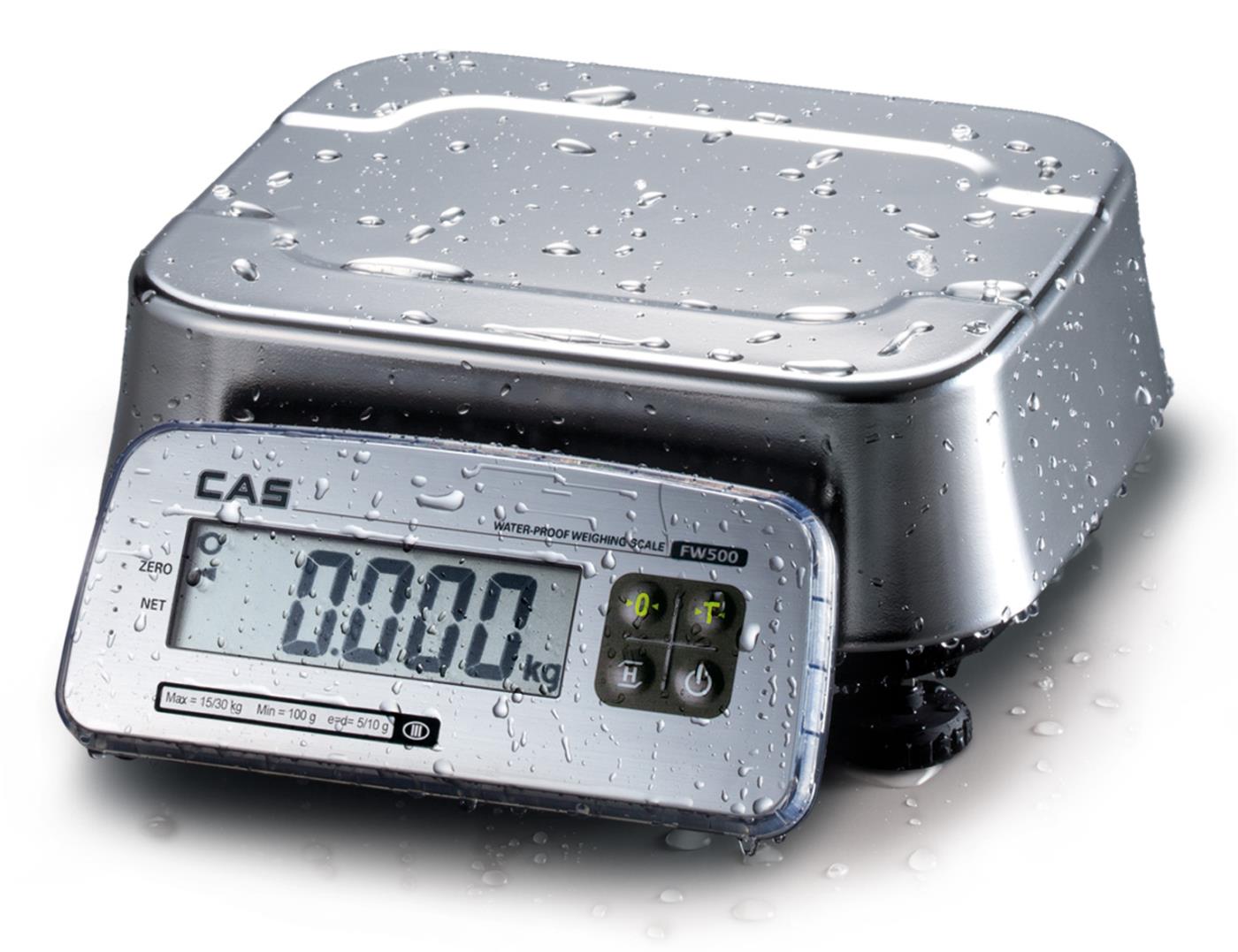Geeichte Lebensmittelwaage CAS FW 500 - Höchstlast 15 kg - Ablesbarkeit 2 g - Wägefläche 247 x 212 mm - Edelstahl